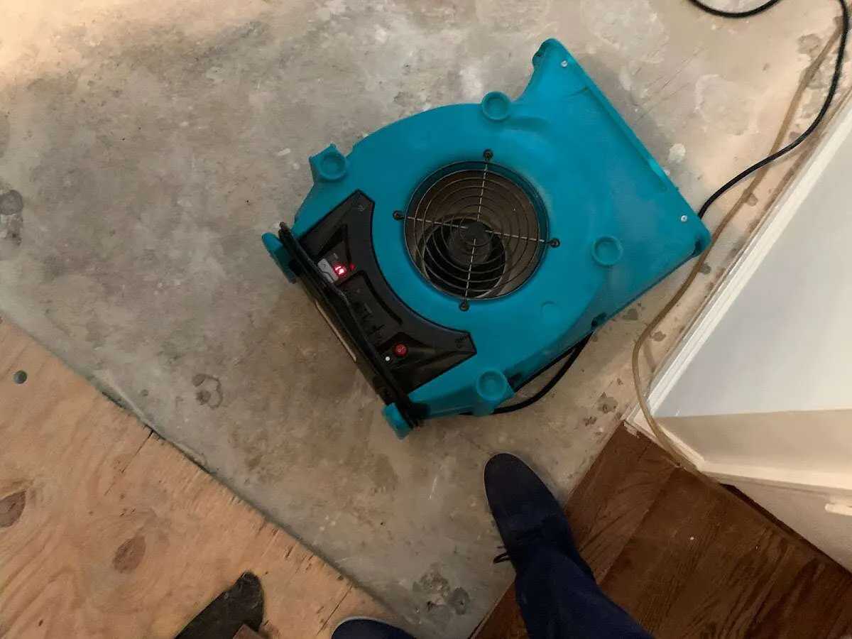 Air mover drying subfloor during Commercial Water Damage Restoration in Mexico